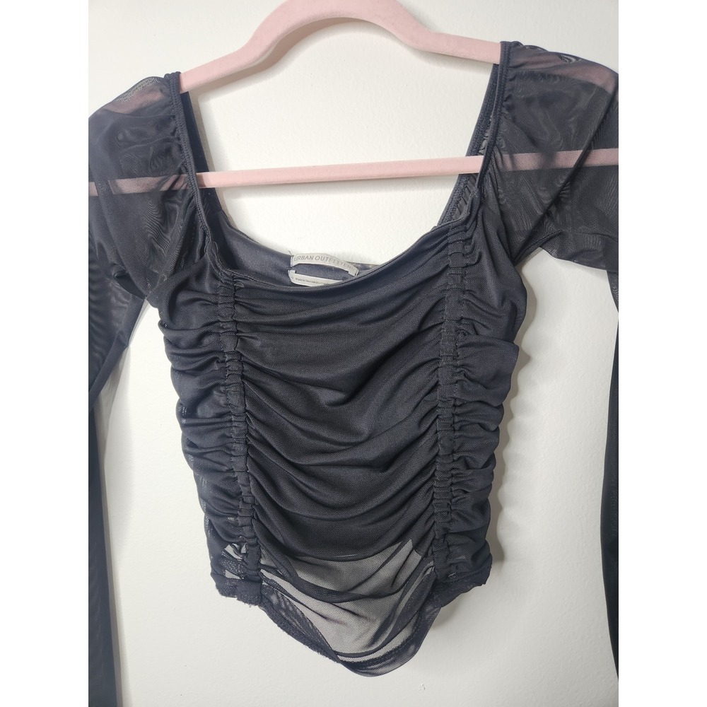 Urban Outfitters Black‎ Mesh Ruched Long Sleeve Square Neck Crop Top - Picture 2 of 5